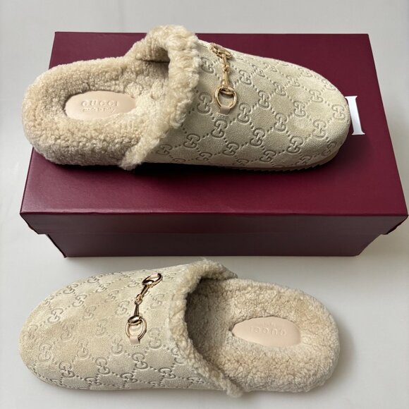 Horsebit Gucci GG Suede Shearling Mules - Picture 4 of 6